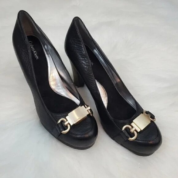 Calvin Klein Size 8 M  Fallon Black Leather Block Heel Pump - Picture 1 of 9